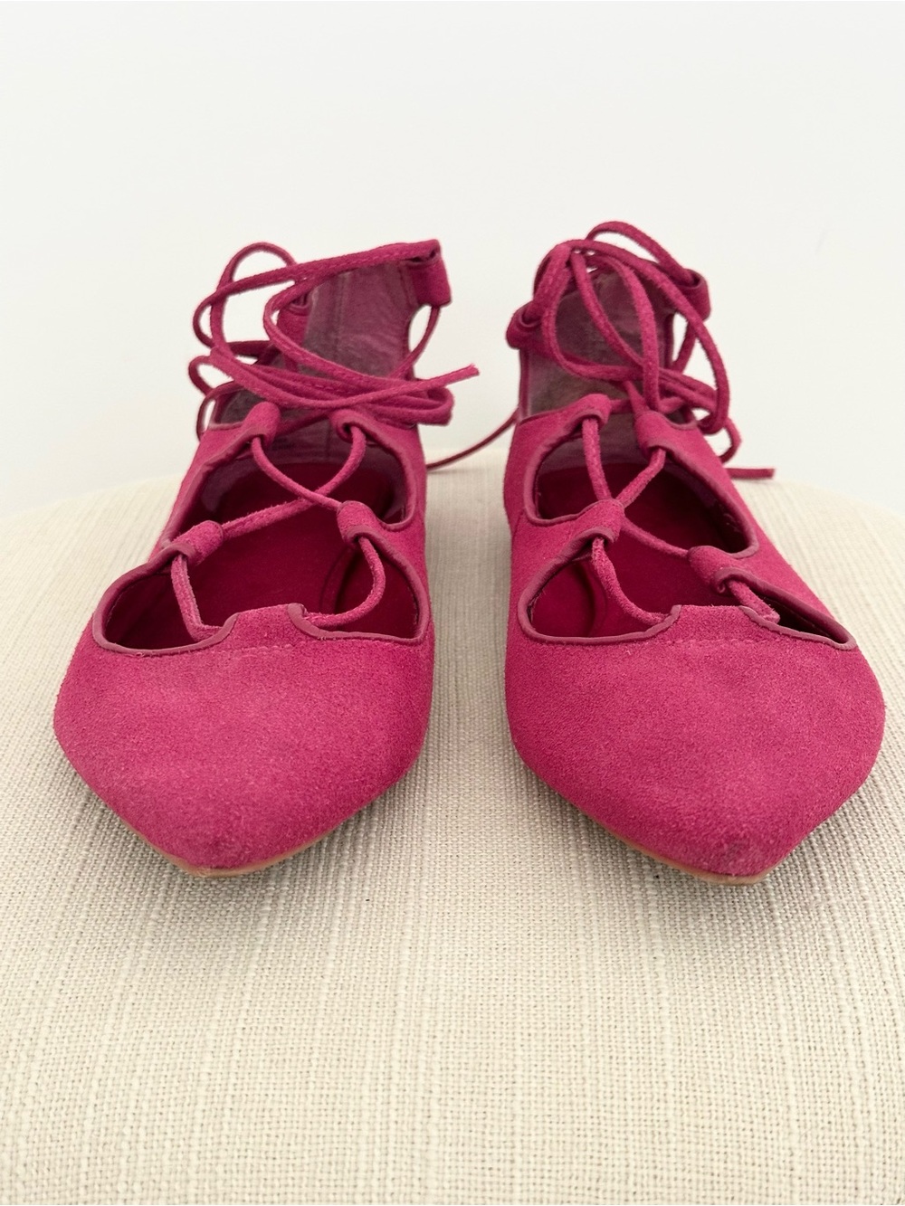 Hot Pink Lace-Up Pointed Toe Faux Suede Ballet Flats